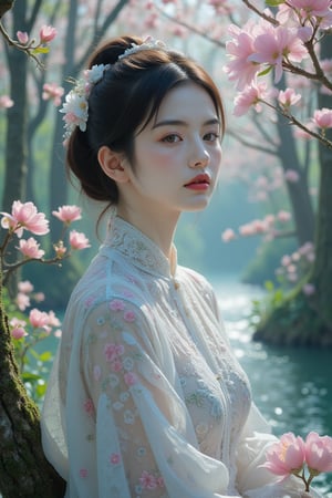 {(An unmatched visage, the gracefulness of such scene during {spring} can only be understand by this much, surrounded by a beautiful and vivid forest while rivers complement the landscape.:1.5)}, {(best quality impressionist masterpiece:1.5)}, (ultra detailed face, ultra detailed eyes, ultra detailed mouth, ultra detailed body, ultra detailed hands, detailed clothes), (immersive background + detailed scenery), {symmetrical intricate details + symmetrical sharpen details}, {(aesthetic details + beautiful details + harmonic details)},ink ,style