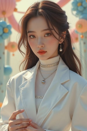 A photorealistic illustration of a young K-Pop idol, an 18-year-old woman with a captivating presence. She wears a white labcoat and a tight skirt, accentuating her medium breasted figure. Her perfectly shaped hands grasp the edge of the coat, with detailed fingers that seem to be crafted by an artist's skilled brushstrokes. Her enchanting eyes, framed by thick brown lashes, gaze directly at the viewer from beneath a turtleneck collar. A choker adorns her neck, and her medium-long hair falls down her back like a golden waterfall. The background is a blurred fusion of surrealistic shapes and colors, adding to the overall air of absurdity and intrigue.