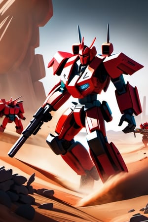 A red mech warrior transformer charges through the chaos of a battlefield in the desert,