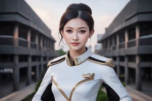 The image depicts a portrait of a young hottest de l'air with stylized features. she is elegant, emotive faces, smile,  bun hair. Her outfits is flight uniform. Image all are in high resolution. The background is blurred with hints of dark tones, which serve to highlight the subject without distracting and makeup.,Elite beauty,Perfect Architecture