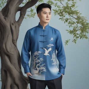 a Chinese-style shirt, blue linen fabric, plant motifs adorn the tree's trunk, cranes, subtly echoing the theme of ancient China.,Unique Masterpiece,make_3d,Replay1988