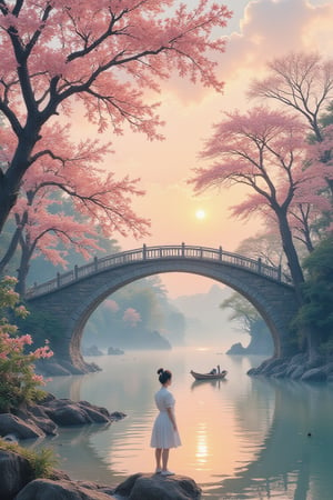 A serene scene unfolds: a lone female figure stands at the edge of a tranquil lake, situated amidst a dense forest. The setting sun casts warm hues upon the surrounding foliage, with blooming branches of cherry trees stretching towards the sky. A traditional Chinese bridge arches over the water, its intricately carved rails reflected in the calm lake. In the distance, a small wooden boat gently rocks on the shore, surrounded by an expanse of negative space. The entire composition is rendered in soft, expressive lines reminiscent of Chinese ink drawing.