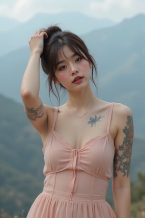 This is a semi-body portrait, taken by a canon eos 60D, rich colors enhanced , 64k, highest resolution and ultra HD. a young Asian woman stands in front of a blurred backdrop of a mountain range. She is wearing a salmon colored dress, adorned with a floral tattoo on her left arm. Her hair is pulled back in a ponytail, adding a pop of color to the scene. She's wearing a silver chain necklace, and a pair of earrings. Her left hand is resting on her head, adding depth to the composition. The backdrop is blurred, creating a peaceful and serene atmosphere.