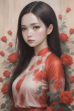 Create a modern-styled sketch portrait in silk textured paper of a gentle lady inspired by mix colors roses and love, utilizing the vibrant color palettes and sleek lines reminiscent of the works by Chinese contemporary artist Zhang Xiaogang, background is full of roses abstracts,xxmix_girl,Wonder of Beauty,Slender body,Vietgirl
