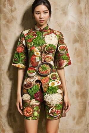 The image is an artistic representation of a female figure wearing a unique outfit. The outfit is a shirt and shorts that are designed to resemble a variety of the  Vietnamese white noodles, vegetables, meat, and sauces, arranged in a pattern that covers the entire garment. The figure is standing against a plain background with a textured appearance. Notable features include the detailed depiction of the food items on the clothing and the signature of the artist at the bottom right corner. The overall impression is one of creativity and fashion, blending the concept of clothing with culinary art.,Enhanced Realistic,Pho