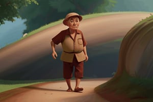 masterpiece, high quality, pixar style, Mr. Dieu - a Vietnamese farmer old man,  follows monkey tracks in the forest for hunting ,Wonder of Art and Beauty,Enhance