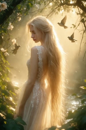 A serene composition captures a stunning young woman, her long blonde locks cascading down her back like a river of gold. Her pale skin glows softly, illuminated by the gentle light that filters through the lush greenery behind her. She wears a delicate lace dress that seems to shimmer in harmony with the birds and flowers that surround her. The intricate details on her gown appear almost ethereal, as if woven from the very essence of wonder itself. Her beauty is truly awe-inspiring.