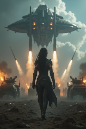 Capture a breathtaking 8K cinematic scene of a young female warrior standing confidently amidst a dark fantasy landscape. In the background, a Humvee with machineguns mounted fires missiles at an array of alien spaceships, their white trails streaking across the sky. The warrior, dressed in worn-leather armor and flowing long hair, walks suavely amidst the chaos, her dynamic posture exuding strength and determination. Surrounding her, soldiers fervently fire into the sky, while the dark skies above remain shrouded in minimal skylight. In the distance, the alien mothership looms large, an intricate masterpiece of detail and texture. The overall mood is one of intense action and high-stakes drama, with a focus on the warrior's bold stance against an otherworldly threat.