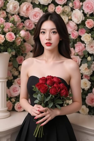 Captured at eye-level, a medium-sized Asian woman, dressed in a black strapless dress, holds a bouquet of vibrant red roses. The woman's face is adorned with a bold red lipstick, adding a pop of color to the scene. The backdrop, a stark stark stark contrast to the woman's dress, is a stark contrast of pink, white, and green flowers. To the left of the woman, a vase filled with more pink roses, adds a touch of warmth to the composition.,Teenager,High school,Enhanced all