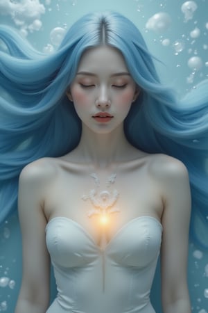 A serene and ethereal female figure with flowing blue hair that merges with the surrounding environment. She has closed her eyes and holds a delicate glowing object near her heart. The background is filled with bubbles, some of which are translucent and others shiny, giving an impression of underwater depth. The color palette is dominated by soft blues, whites, and hints of gold, creating a dreamy and magical atmosphere.burlesque,shabby chic,,fine art,epic,Boho gypsy, marquise,duchesse,dark fantasy,