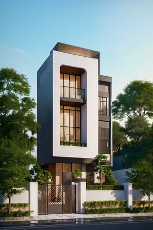 (best quality, masterpiece, high_resolution:1.5), a house town in Hanoi, Vietnam with wonderful and luxury exterior designing by Zaha Hadid. Black and golf are main colors