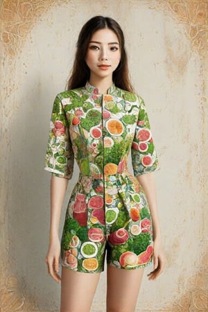 The image is an artistic representation of a female figure wearing a unique outfit. The outfit is a shirt and shorts that are designed to resemble a variety of the  Vietnamese white noodles, vegetables, meat, and sauces, arranged in a pattern that covers the entire garment. The figure is standing against a plain background with a textured appearance. Notable features include the detailed depiction of the food items on the clothing and the signature of the artist at the bottom right corner. The overall impression is one of creativity and fashion, blending the concept of clothing with culinary art.,Enhanced Realistic,Pho