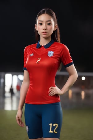 A confident 20-year-old Korean young lady stands tall in her vibrant England football national team uniform, against a dramatic dark backdrop. Her face radiates determination as side-lit highlights her features. Bold stripes and colors of the uniform pop against the somber tones, while her pose - one hand on hip, exudes pride and teamwork. Framed by shadows, her strength and focus are amplified.
