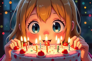 A whimsical anime scene: a big birthday cake with ((((14 sparkling candles)) on the hands of a litttle girl.