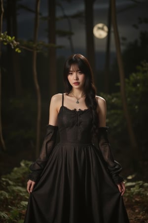 In a dimly lit, stormy forest on a dark night, a lone woman stands, her pale skin illuminated only by the faint moonlight. She wears a stunning China dress with a long sheath skirt and a Jiangshi-inspired costume featuring intricate fang designs. Her black hair is styled in a side braid with blunt bangs and loose strands framing her face. But it's not her beauty that commands attention - it's her unsettling features: droopy, unclear eyes with ruby red and lemon yellow heterochromia, and a flat, expressionless face. A streak of black eyeliner accentuates her bad eyes, which seem to stare right through you. She holds an ofuda in one hand, grasping the edge of her skirt with the other, as if frozen in fear. The composition is straightforward, with the woman centered in the frame and looking directly at the viewer with a paw-like pose, as if begging for help. The atmosphere is heavy with foreboding, as if something lurks just beyond the treeline, waiting to pounce.