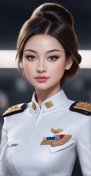 A stunning portrait of young hottest de l'air, showcasing stylized features, elegant facial expressions, and a radiant smile. Her hair is styled in a sleek bun, complementing her flight uniform attire. The high-resolution image is set against a blurred background with subtle dark tones, allowing the subject's beauty to take center stage. A flawless complexion and expert makeup application enhance her Elite beauty, exuding confidence and poise.,digital art