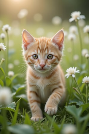 there is a small orange kitten walking through a field of grass, cute and adorable, beautiful and cute, cute kitten, ginger cat, adorable appearance!!!, an adorable kitten, adorable and cute, cute and lovely, cute cat photo, lovely and cute, cuteness, aww, in a field of flowers, beautiful picture of stray, cute cat, !! looking at the camera!!