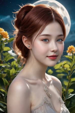 (1girl, smile, face focus, bun hair, perfect face, medium shot, gracefully, golden petals and green flowers form intricate patterns against the backdrop of the moon, reminiscent of the styles of Vietnam), Detailed texture, High quality, High resolution, High precision, Realism, Color correction, Proper lighting settings, Harmonious composition, Behance Works,detail-rendering,Realistic Enhance,redhead,Perfect Architecture