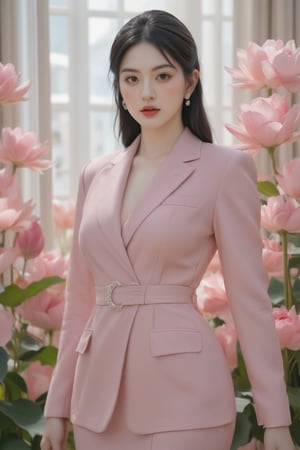 A statuesque figure stands tall amidst a serene backdrop of pink lotuses, bathed in soft, cool-toned light that highlights vibrant hues and tactile textures. The subject confidently poses with sharp lines and defined curves, its high-definition skin texture seemingly within reach, as the isometric composition guides the viewer's gaze to trendy fashion elements harmoniously aligned, frozen in a moment of artful stillness.