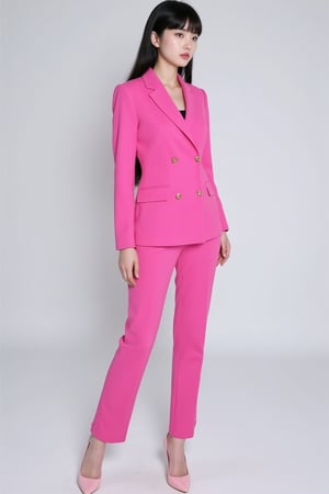 a vibrant pink suit stands against a stark white backdrop. The suit is adorned with two gold buttons, adding a touch of luxury to the outfit. The woman's hair is styled in a sleek bob, with long bangs, cascading down to her shoulders. She's wearing a pair of pink high-heeled shoes, her hair is pulled back in a ponytail. The backdrop is a muted gray, creating a stark contrast to her outfit.,High school,Teenager