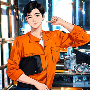 solo, looking at viewer, smile, short hair, shirt, black hair, 1boy, closed mouth, upper body, male focus, solo focus, black eyes, pocket, realistic, breast pocket, orange shirt, orange jacket