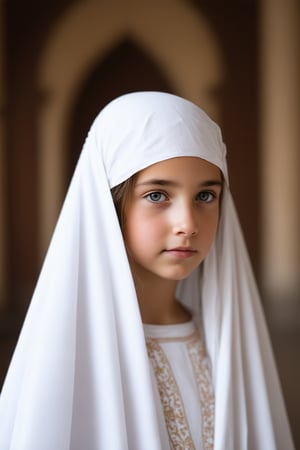 A Byzantine style girl in monastery, white head-cloths and veils. (masterpiece, top quality, best quality, official art, beautiful and aesthetic:1.2), (1girl:1.4), portrait, extreme detailed, highest detailed, simple background, 16k, high resolution, perfect dynamic composition, bokeh, (sharp focus:1.2), super wide angle, high angle, high color contrast, medium shot, depth of field, blurry background