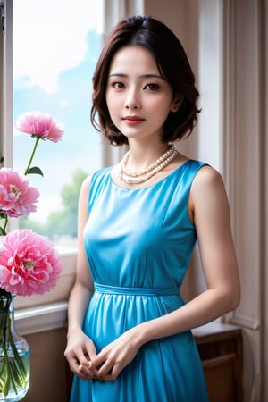 An Asian woman wearing a blue dress with a pearl necklace stands by a window looking at pink flowers in a vase.