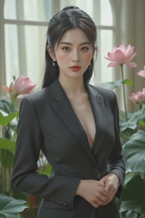 A statuesque figure stands tall amidst a serene backdrop of black lotuses, bathed in soft, cool-toned light that highlights vibrant hues and tactile textures. The subject confidently poses with sharp lines and defined curves, its high-definition skin texture seemingly within reach.