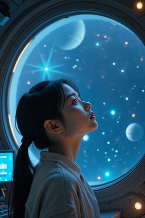 Close-up shot of a young girl's face, her eyes fixed intently on the vast expanse of stars and planets outside the giant glass dome of a spacecraft. Her dark hair is tied back in a ponytail, and her skin has a warm glow from the soft blue lighting within the ship. The atmosphere inside is dimly lit, with only subtle hints of instrument panels and control stations visible behind her. Her gaze is lost in thought, as if contemplating the mysteries of the universe.