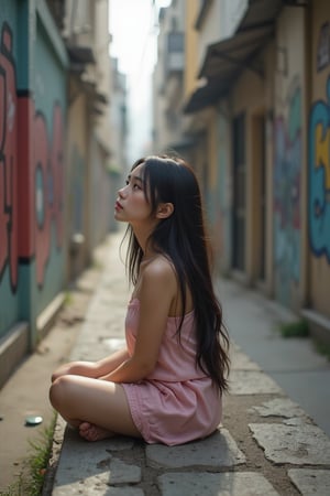 A Vietnamese young girl, with long black hair and bright brown eyes, sits cross-legged on a worn stone bench, surrounded by vibrant graffiti-adorned walls of a bustling city alleyway. Soft morning light casts a warm glow on her gentle features, highlighting the subtle texture of her skin as she gazes out at the urban landscape, the concrete jungle's chaotic energy contrasting with her serene contemplation. Her quiet confidence and introspective expression convey a sense of resilience and hope in the midst of uncertainty, her delicate profile set against a kaleidoscope of colors and artistic expressions, embodying the duality of life's beauty and struggle.