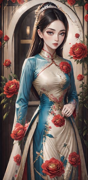 Create a modern-styled portrait of a gentle lady inspired by roses and love, utilizing the vibrant color palettes and sleek lines reminiscent of the works by Chinese contemporary artist Zhang Xiaogang.,Enhance,Daughter of Dragon God,Young beauty spirit ,Charm of beauty