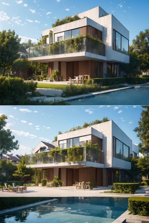 (best quality, masterpiece, high_resolution:1.5), a house town villa in Hanoi, Vietnam with wonderful and luxury exterior designing by Zaha Hadid. Glass and trees make the facede of this 3 layers house look awesome .