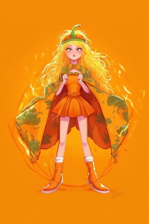 In vibrant, whimsical illustration style, depict a young girl, 'Pumpkin Supergirl', standing confidently against a warm orange background, reminiscent of autumn foliage. She dons a superhero cape with pumpkin-inspired patterns, flowing behind her like a fiery aura. Her bright yellow hair flows like a crown, as she gazes heroically into the distance, fists clenched in determination, surrounded by swirling orange and yellow sparks.