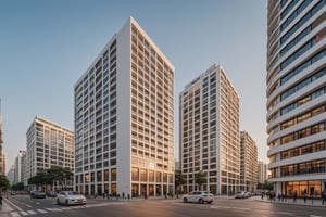 modern, condomedium, white facade, city centers, squares, urban landscape, cars, people, streets, reality, RAW photo, (high detailed skin:1.3), 8k uhd, dslr, soft lighting, ultra quality, film grain, Fujifilm XT3, sharp image, best qualitym, authentic, high quality,high rise apartment