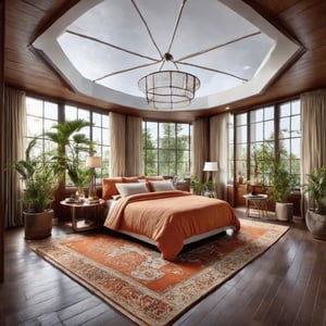 As the camera pans across this majestic living sanctuary, it captures the grandeur of dark wood furniture and rich woodwork on the ceiling, drawing attention to the lavish area rug with intricate patterns. The plush bed, swathed in a vibrant orange throw blanket and pillows, serves as a cozy oasis. Floor-to-ceiling windows frame the lush surroundings, bathing the room in soft natural light that highlights potted plants and artwork scattered throughout the space.