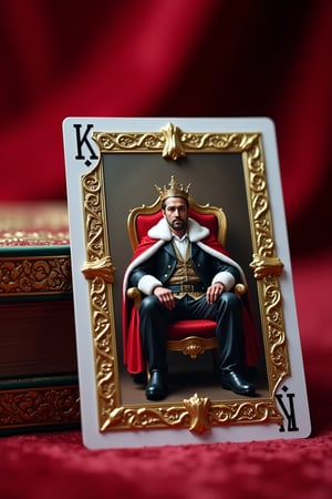 Close-up shot of a uniquely crafted playing card featuring an impressively personalized design for the King character. The card's frame is ornate with intricate details and subtle shading, drawing attention to the regal subject. Soft, golden lighting highlights the textured surface, emphasizing the craftsmanship. The King's pose exudes confidence, as he sits atop a ornate throne, his crown slightly askew. A lavish, red velvet backdrop adds depth and richness to the overall composition.