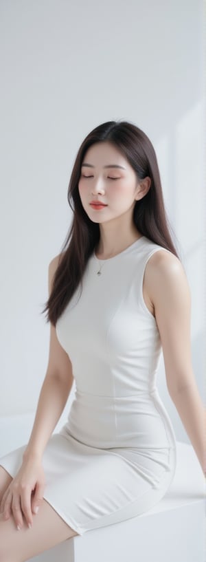 a medium-sized Asian woman with long, straight brown hair, wearing a white sleeveless dress. She is seated on a white surface, her left arm resting on her hip. Her right arm is draped over her right shoulder, adding a touch of warmth to her face. Her eyes are closed, her lips are slightly parted, as if she is smiling. The backdrop is a stark white, creating a stark contrast to the woman's white dress.