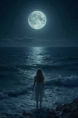 A young girl stands at the edge of a vast, dark sea, with the full moon rising high in the sky. The water stretches out before her, its waves gently lapping against the shore as the night's silence is broken only by the distant calls of nocturnal creatures. The girl's figure is silhouetted against the moon's soft glow, her long hair blowing softly in the ocean breeze.,Sea