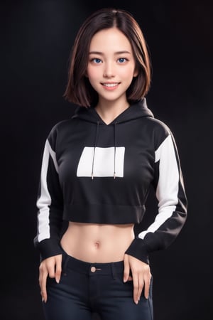 4k,best quality,masterpiece,20yo 1girl,(cropped sweatshirt),(demin pant), alluring smile, open hoodie,

(Beautiful and detailed eyes),
Detailed face, detailed eyes, double eyelids ,thin face, real hands, muscular fit body, semi visible abs, ((short hair with long locks:1.2)), black hair, black background,


real person, color splash style photo,Hyper,Enhance