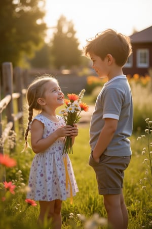 In a sunlit Swedish countryside, two children, a fair-skinned girl with long blonde braids and a rosy-cheeked boy with curly brown hair, stand in a vibrant garden. The girl holds a bouquet of wildflowers, smiling warmly as she offers them to the boy, who looks at her with a mix of surprise and delight. The scene is bathed in soft, golden sunlight, with a warm, nostalgic color grading that evokes the style of director Wes Anderson. The lighting is natural, with a gentle overhead sun casting soft shadows, and a warm fill light from the side to highlight their faces. The background is a lush, colorful garden with blooming flowers and a rustic wooden fence, creating a charming, idyllic atmosphere. Film grain adds a subtle texture, enhancing the vintage feel.