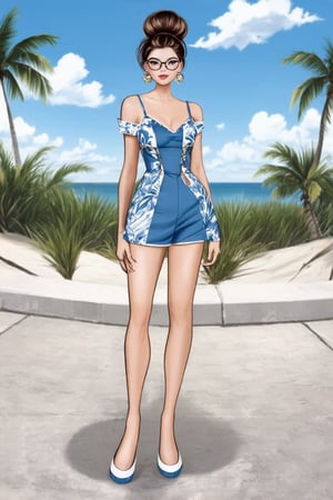 The image depicts a woman standing on a sidewalk in an urban setting. She is dressed in summer holiday outfit, combine colors perrfect.  She is accessorizing with a pair of glasses . Her hair is styled bun. In the background, there's a beach landscape. Realistic Enhance,digital art,Cartoon.