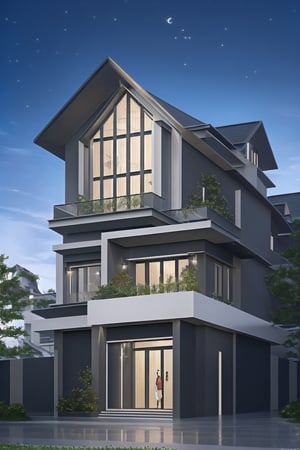 (best quality, masterpiece, high_resolution:1.5), facade design plan for a house in Vietnam, with wonderful and luxury exterior style by Zaha Hadid. Dark Glass and LED lighting make the facede of this 3 layers house look awesome . Night light from lamps and moon.,firefliesfireflies,Thai style roof