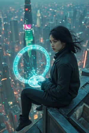 Against a cityscape backdrop of neon-lit skyscrapers, a lone hacker sits precariously on the edge of a sleek, modern building, her medium black hair whipping in the wind as she gazes out at the holographic interface projected before her. Green eyes sparkle with a mix of defiance and exhilaration as she manipulates light particles to conjure a magic circle around her, its glowing runes intersecting with holographic code streaming from a nearby terminal. The futuristic setting is bathed in an otherworldly glow, as if the very fabric of reality is being rewritten by her fingertips.