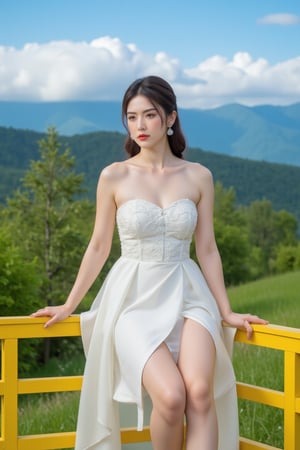 a woman is seated on a yellow wooden bench, her left arm resting on the railing. She is wearing a white strapless dress, adorned with a lace pattern. Her hair is long and cascades in a ponytail, adding a pop of color to the scene. The backdrop is a lush landscape of green grass, trees, and mountains. The sky is a deep blue, dotted with white fluffy clouds.