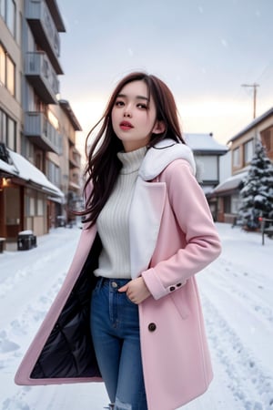 cute girl, long hair, fashion coat, pink winter coat, Jeans, standing looking up at the sky as snow is falling, winter city, cloudy, 4K, ultra HD, RAW photo, realistic, masterpiece, best quality, beautiful skin, white skin, 50mm, medium shot, outdoor, half body, photography, Portrait, ,chinatsumura, high fashion, snowflakes