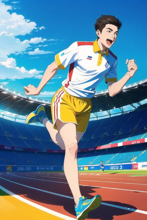 masterpiece, high quality,  (2d flat illustration), 1 male sportman Vietnamese, 23yo, running at the Olympic Stadium. 