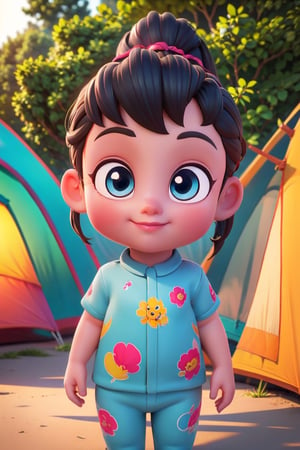 best quality, masterpiece, beautiful and aesthetic, vibrant color, Exquisite details and textures,  Warm tone, ultra realistic illustration,	(cute Belgium girl, 5year old:1.5),	(Camping theme:1.4), Camping with a family,	cute eyes, big eyes,	(a model look:1.4),	cinematic lighting, ambient lighting, sidelighting, cinematic shot,	siena natural ratio, children's body, anime style, 	head to thigh portrait,	very long black ponytail hairstyle with blunt bangs, 	one-piece cute swimsuit, a beach,	ultra hd, realistic, vivid colors, highly detailed, UHD drawing, perfect composition, beautiful detailed intricate insanely detailed octane render trending on artstation, 8k artistic photography, photorealistic concept art, soft natural volumetric cinematic perfect light. ,Enhance,3dcharacter,Daughter of Dragon God,Bebefinn Style