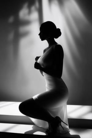(best quality,4k,8k,highres,masterpiece:1.2),ultra-detailed,black and white,shadowy figure,graceful pose,feminine allure,(mysterious,alluring:1.3) eyes and lips,sleek curves,ravishing beauty,artistic expression,dramatic lighting,contrast,subtle details,implied sensuality,twisted silhouette,dark elegance, mood,fluid lines,high contrast,fine art,monochrome,contemporary,sophisticated,innovative,silhouette,visual poetry,creative composition,striking visual impac,Unique Masterpiece,Split lighting