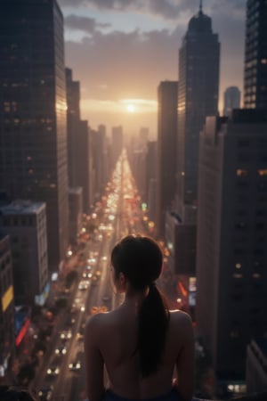 (masterpiece, best quality), (busy city,bustling atmosphere,silhouette of a teenage girl at the top of a building looking down at the street), dusk, neon lights, high-rise buildings, twinkling cityscape, energetic pedestrians, rushing traffic, vibrant colors, urban metropolis, hustle and bustle, modern architecture, skyscrapers, city lights, asphalt roads, flickering street lamps, urban soundscape, blurred motion of cars and people, urban sprawl, city at night, nightlife, teenager's contemplative stance, isolated figure, loneliness in the crowd, ethereal atmosphere, mysterious aura, reflection of city lights on the windows, warm glow of the setting sun, exciting energy, imposing shadows, towering skyscrapers, rebellious spirit, expansive city view, vivid vitality, metropolitan dreamscape, urban exploration, romanticized chaos, captivating skyline, anonymous faces, concrete jungle, raw emotions, inspiring heights, clenched fists, hazy skyline, endless possibilities,Enhanced All,ghibli,cyber