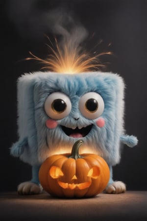 A close-up shot of a vibrant blue cube-shaped mascot, Mascof, donning a playful costume for his second-ever Halloween celebration. He's surrounded by eerie orange and purple lights, casting an otherworldly glow on his bright blue skin. The camera frames him against a dark, mysterious background, with tendrils of fog curling around him like wispy fingers. Mascof's eyes gleam with excitement as he holds a sparkler in one hand, his free arm wrapped around a jack-o'-lantern. A warm, golden light spills from the pumpkin's mouth, illuminating Mascof's joyful expression.